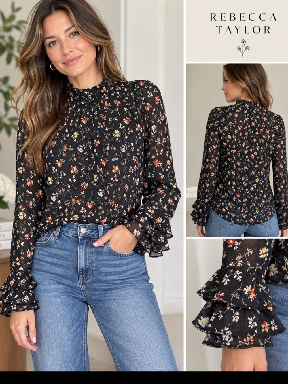 Rebecca Taylor silk Black Floral Ruffle-Sleeve / neckline Blouse. XS